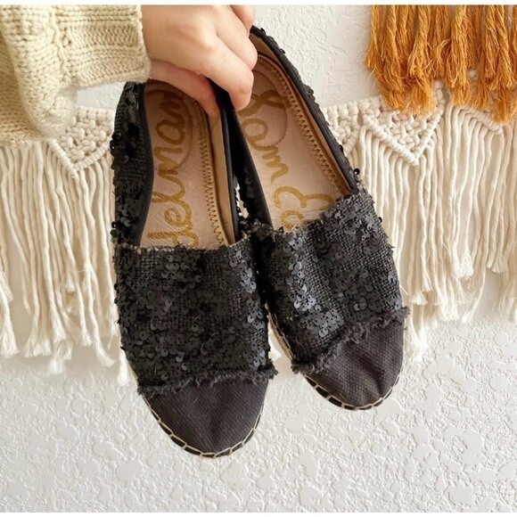 Sam Edelman Espadrille Sequin Detail Black Slip On Flats 8 - Picture 3 of 10